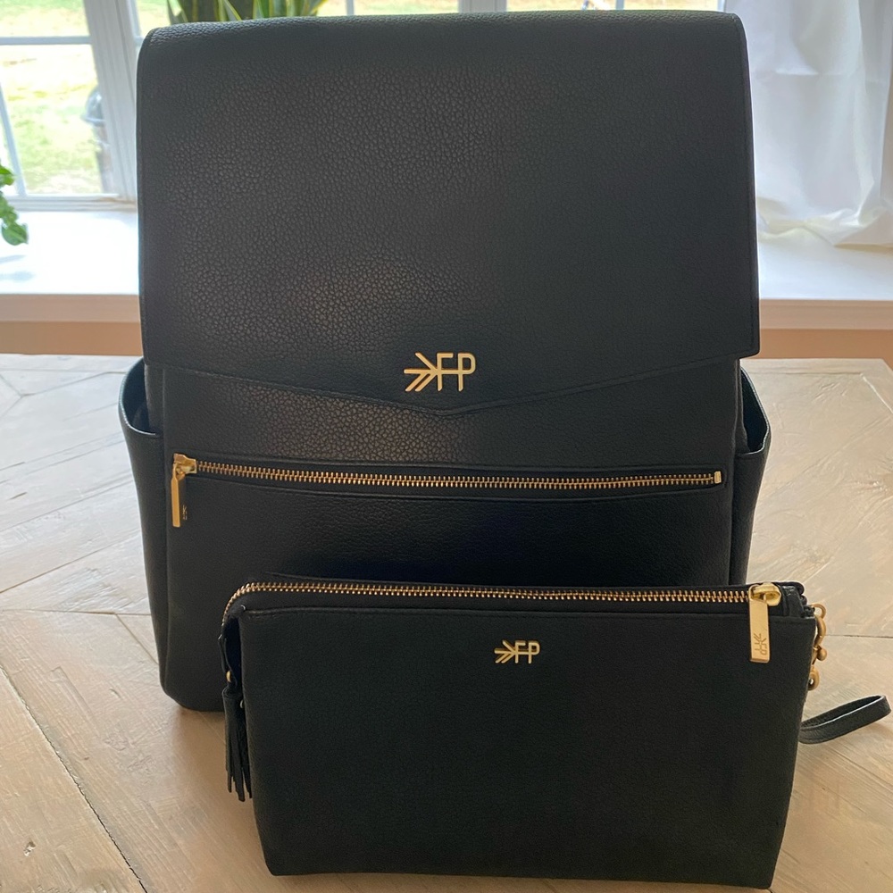 EUC Freshly Picked Backpack Diaper Bag and Wristlet. Black Leather OS